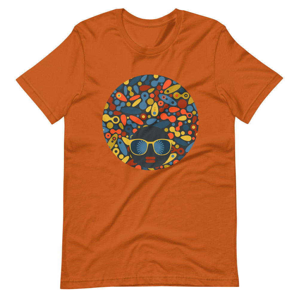 Autumn color t shirt with colorful design of a black women with geometric shapes and cool glasses "Be Bold"