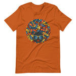 Autumn color t shirt with colorful design of a black women with geometric shapes and cool glasses "Be Bold"