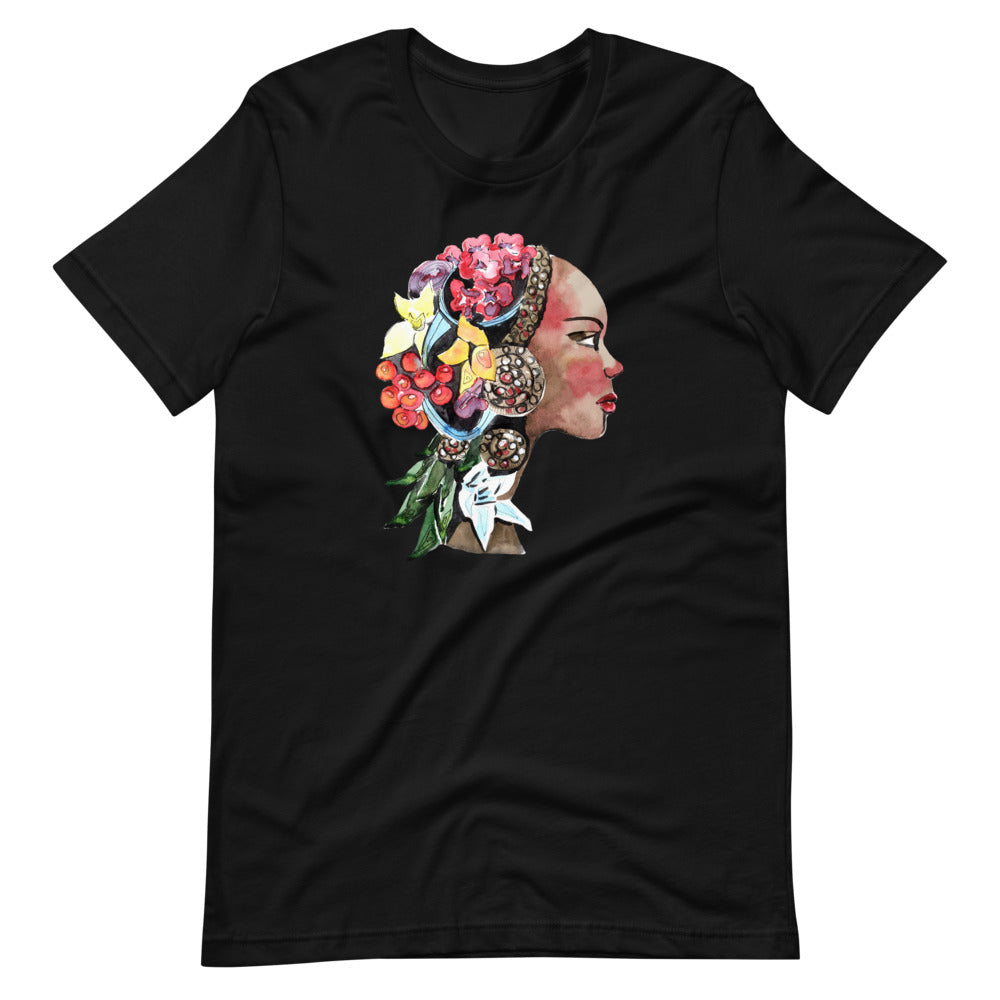 Black colored tee, The Flower Lady, is confident, determined, natural in every way. This t-shirt is soft lightweight, right amount of stretch. Comfortable and flattering. Beautiful watercolor design with multi colored flowers