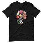 Black colored tee, The Flower Lady, is confident, determined, natural in every way. This t-shirt is soft lightweight, right amount of stretch. Comfortable and flattering. Beautiful watercolor design with multi colored flowers