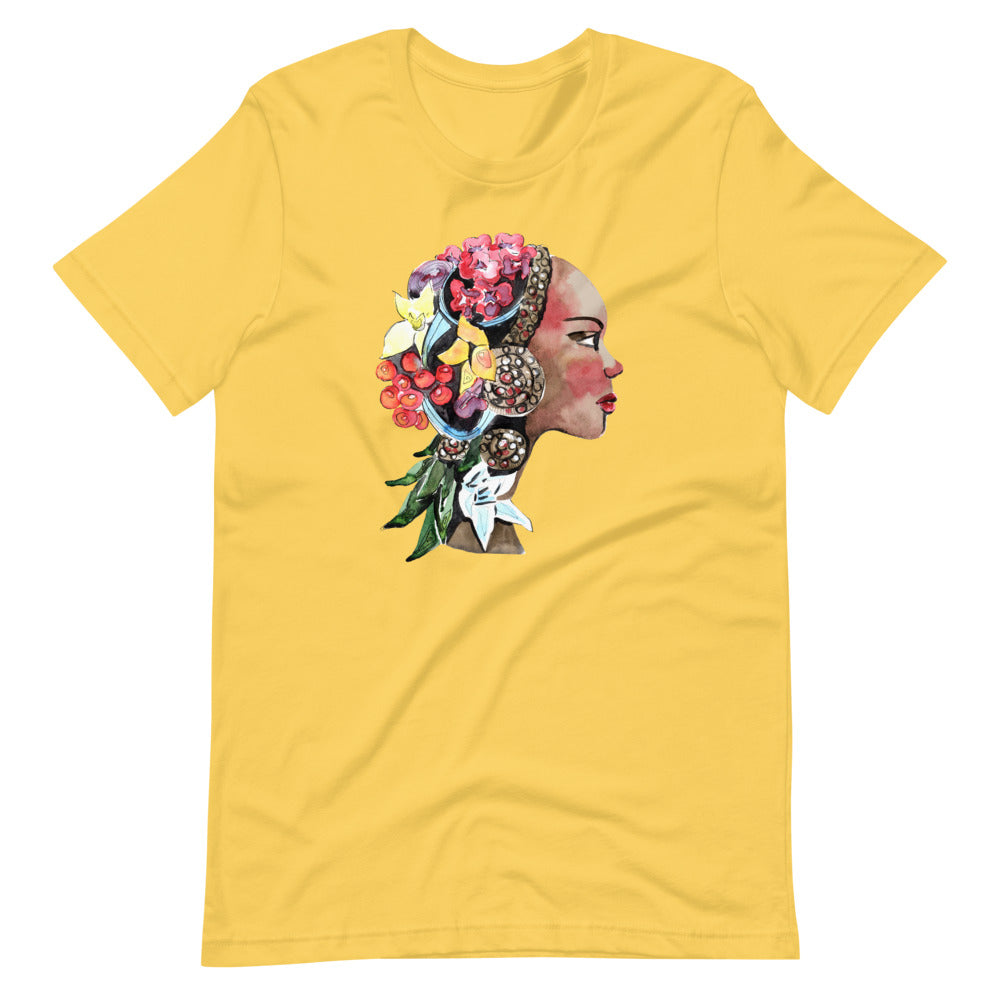 Yellow colored tee, The Flower Lady, is confident, determined, natural in every way. This t-shirt is soft lightweight, right amount of stretch. Comfortable and flattering. Beautiful watercolor design with multi colored flowers