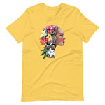 Yellow colored tee, The Flower Lady, is confident, determined, natural in every way. This t-shirt is soft lightweight, right amount of stretch. Comfortable and flattering. Beautiful watercolor design with multi colored flowers