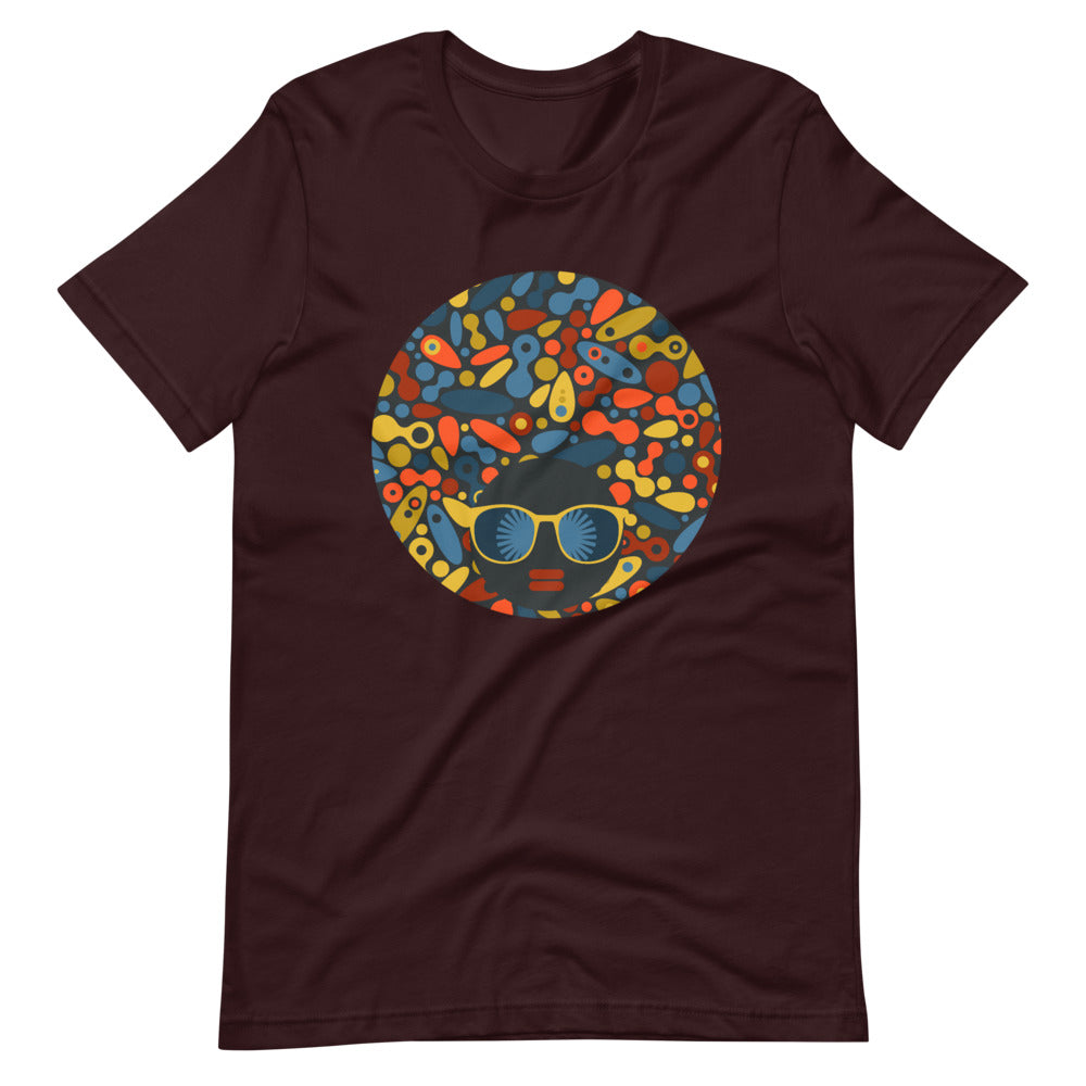 Oxblood Black color t shirt with colorful design of a black women with geometric shapes and cool glasses "Be Bold"