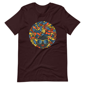 Oxblood Black color t shirt with colorful design of a black women with geometric shapes and cool glasses "Be Bold"