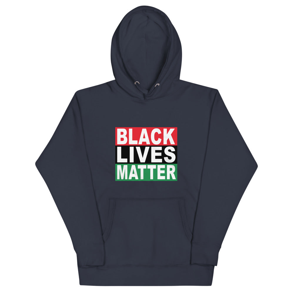 Navy Blazer Black colored soft hoodie with the Black Lives Matter words on the African American flag colors, with a convenient pouch pocket and warm hood for chilly evenings.