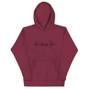 Maroon colored hoodie. Who knew that the softest hoodie you'll ever own comes with such a cool Love beat design with a pouch pocket and warm hood.