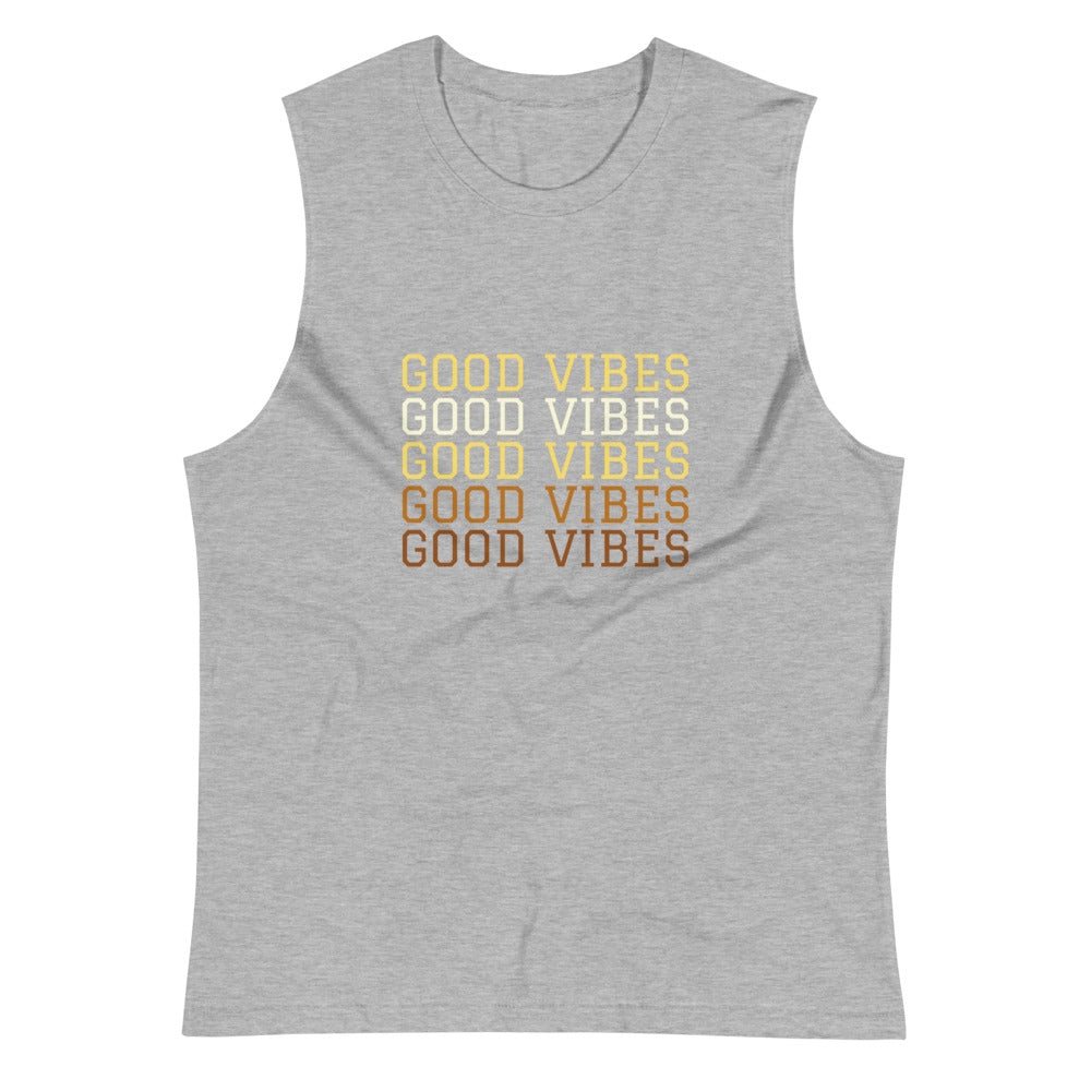 Athletic Heather colored muscle shirt, We need Good Vibes, this soft, sleeveless tank is so comfy, with a relaxed fit and low-cut armholes. Speaking the message of Good Vibes.