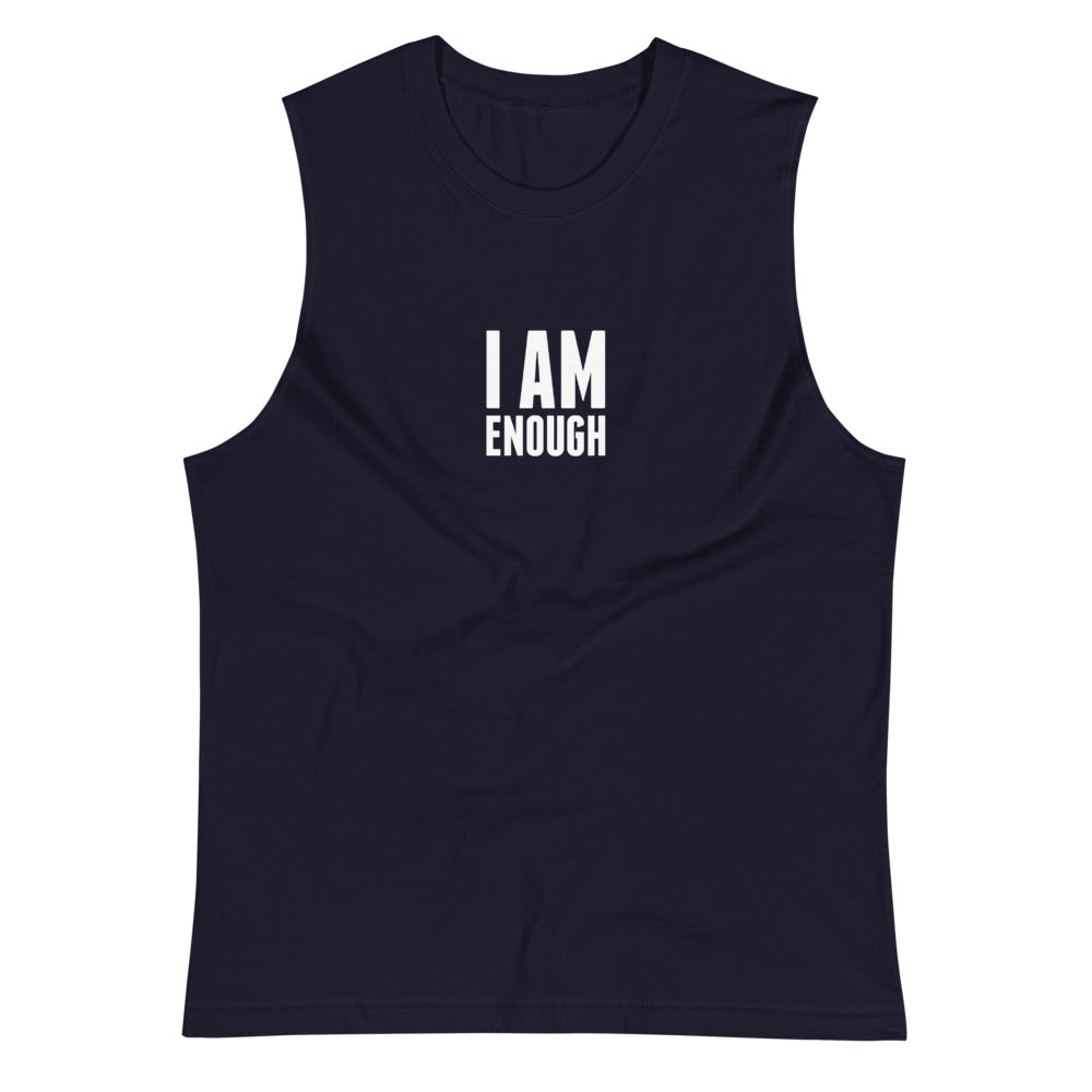 Navy colored muscle shirt, I Am Enough, this soft, sleeveless tank is so comfy, the relaxed fit and low-cut armholes.