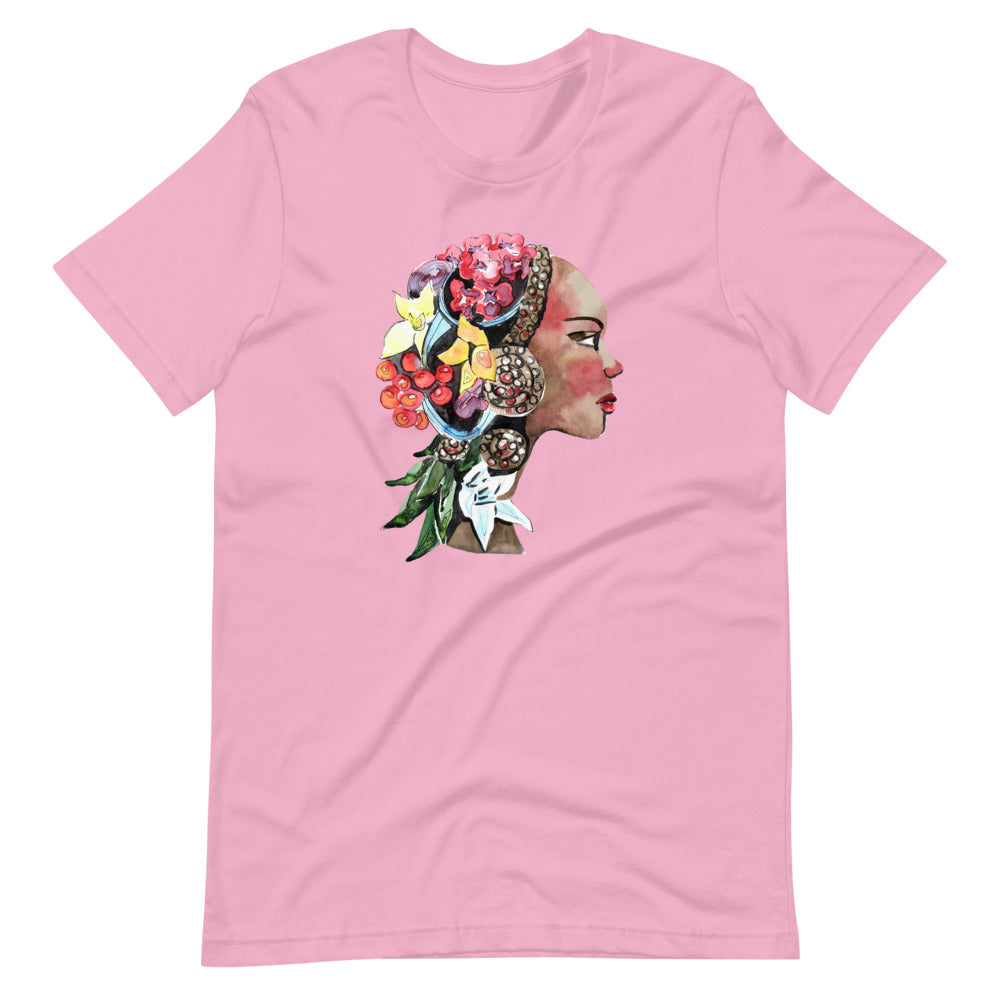 Lilac colored tee, The Flower Lady, is confident, determined, natural in every way. This t-shirt is soft lightweight, right amount of stretch. Comfortable and flattering. Beautiful watercolor design with multi colored flowers