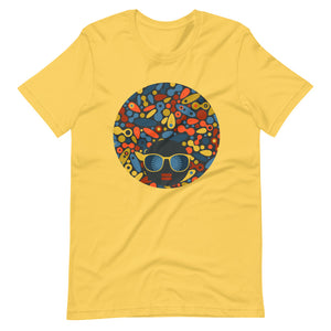 Yellow color t shirt with colorful design of a black women with geometric shapes and cool glasses "Be Bold"