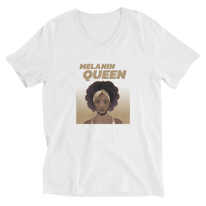 White colored tee, Cheers to the Melanin Queen, this unisex tee has a classic v-neck cut and fits like a well-loved favorite.