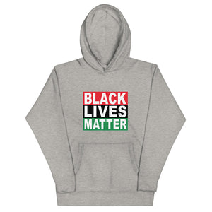 Carbon Gray Black colored soft hoodie with the Black Lives Matter words on the African American flag colors, with a convenient pouch pocket and warm hood for chilly evenings.