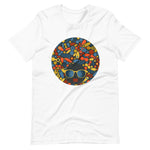 White color t shirt with colorful design of a black women with geometric shapes and cool glasses "Be Bold"