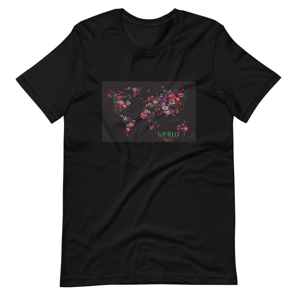 Black colored tee, The World in Bloom is inspired by hope and determination, this t-shirt represents an idea and more. It soft, lightweight, nice stretch and comfortable.
