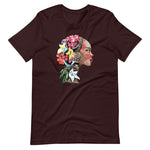 Oxblood Black colored tee, The Flower Lady, is confident, determined, natural in every way. This t-shirt is soft lightweight, right amount of stretch. Comfortable and flattering. Beautiful watercolor design with multi colored flowers
