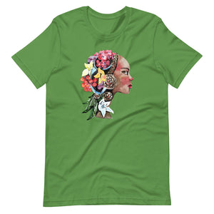 Leaf colored tee, The Flower Lady, is confident, determined, natural in every way. This t-shirt is soft lightweight, right amount of stretch. Comfortable and flattering. Beautiful watercolor design with multi colored flowers