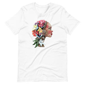 White colored tee, The Flower Lady, is confident, determined, natural in every way. This t-shirt is soft lightweight, right amount of stretch. Comfortable and flattering. Beautiful watercolor design with multi colored flowers