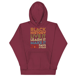 Maroon colored hoodie, Black History 365 days is the softest hoodie, coolest design and classic with a convenient pouch pocket and warm hood for chilly evenings.