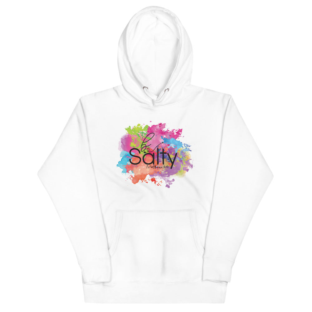 White colored hoodie, Be Salty message is displayed on softest hoodie with a cool design, a convenient pouch pocket and warm hood for chilly evenings.