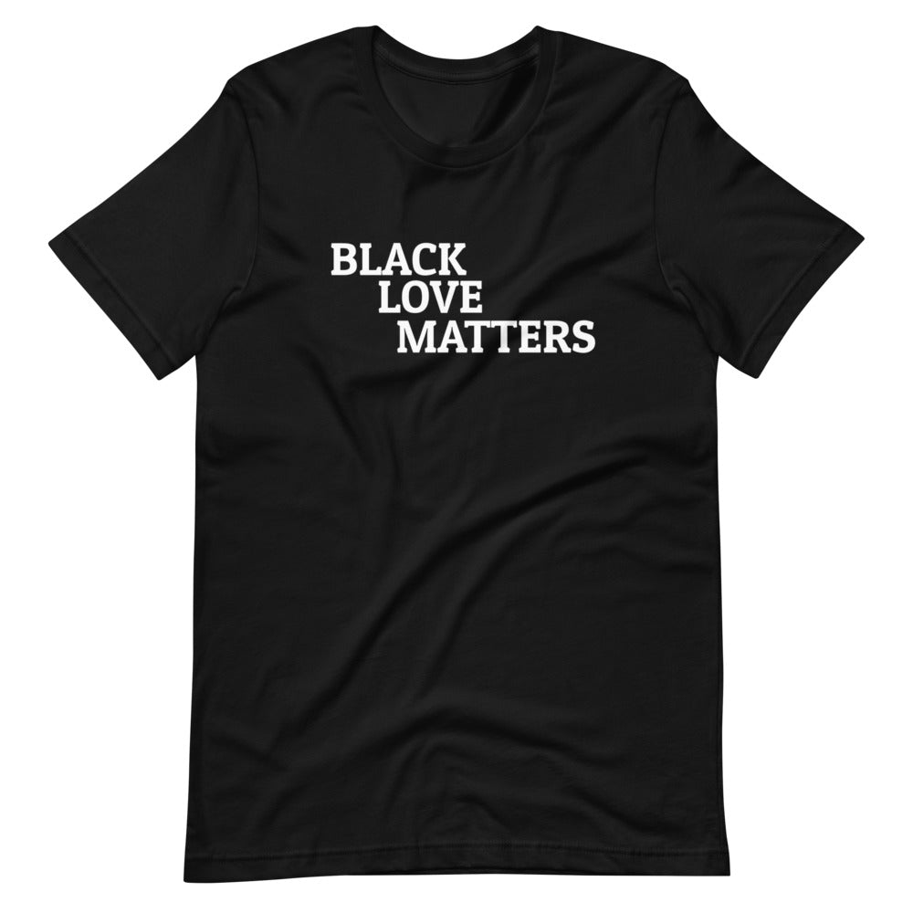 Black colored tee, Black Love Matters, this t-shirt is represents a statement that is real and vibes in the body soul and mind, it is soft and lightweight, with the right amount of stretch. It's comfortable and flattering for all genders. 