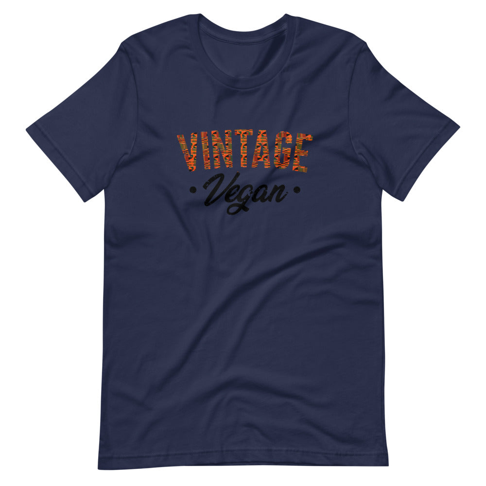 Navy colored t shirt , this Vintage Vegan t-shirt is all about going old school and eating and living well, this t shirt is soft, lightweight, and good stretch. Comfortable, flattering for all gender. 