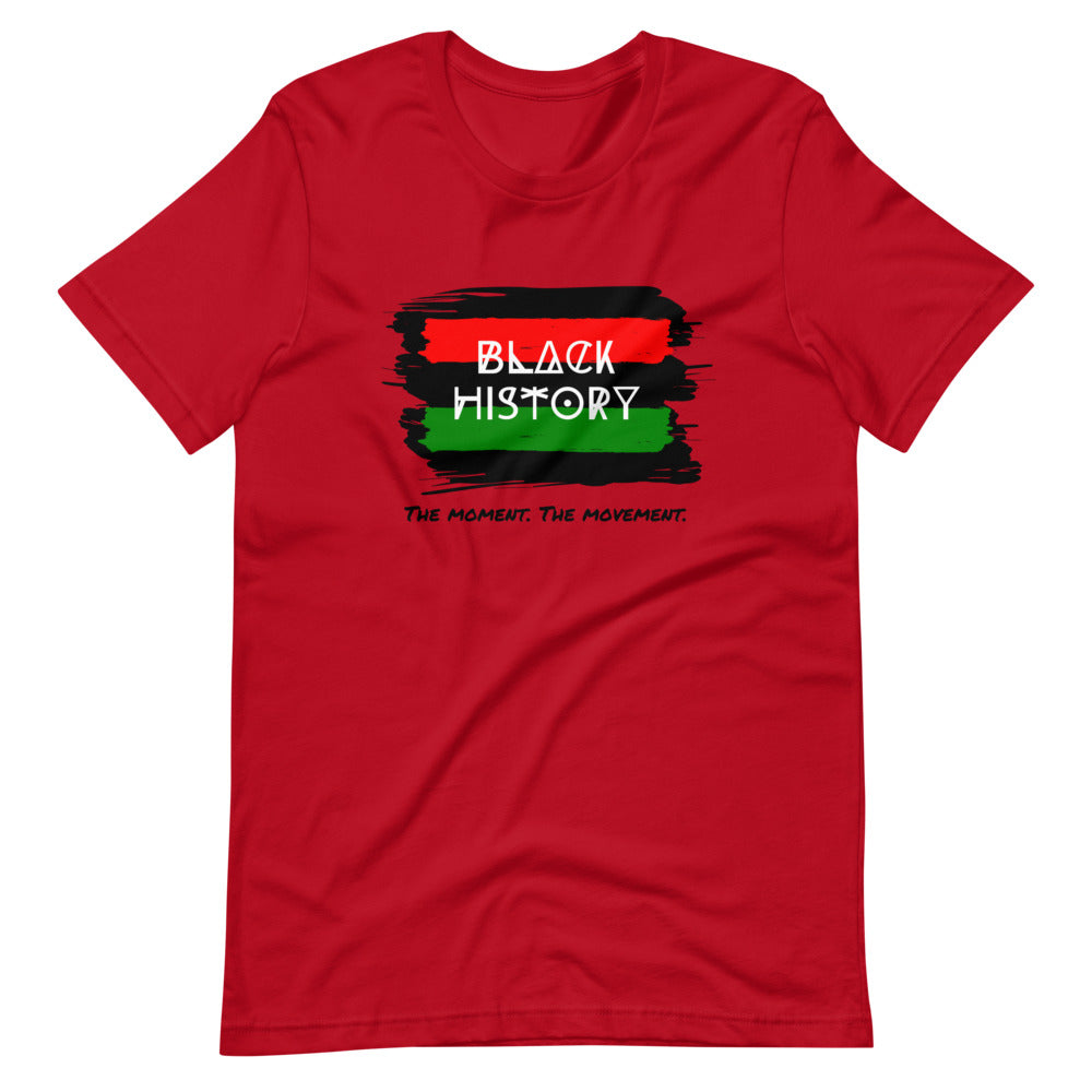 Red colored tee, Black History -The Moment The Movement, represents a rich history of a people that have endured, fought and thrived. comfortable and flattering for all genders.