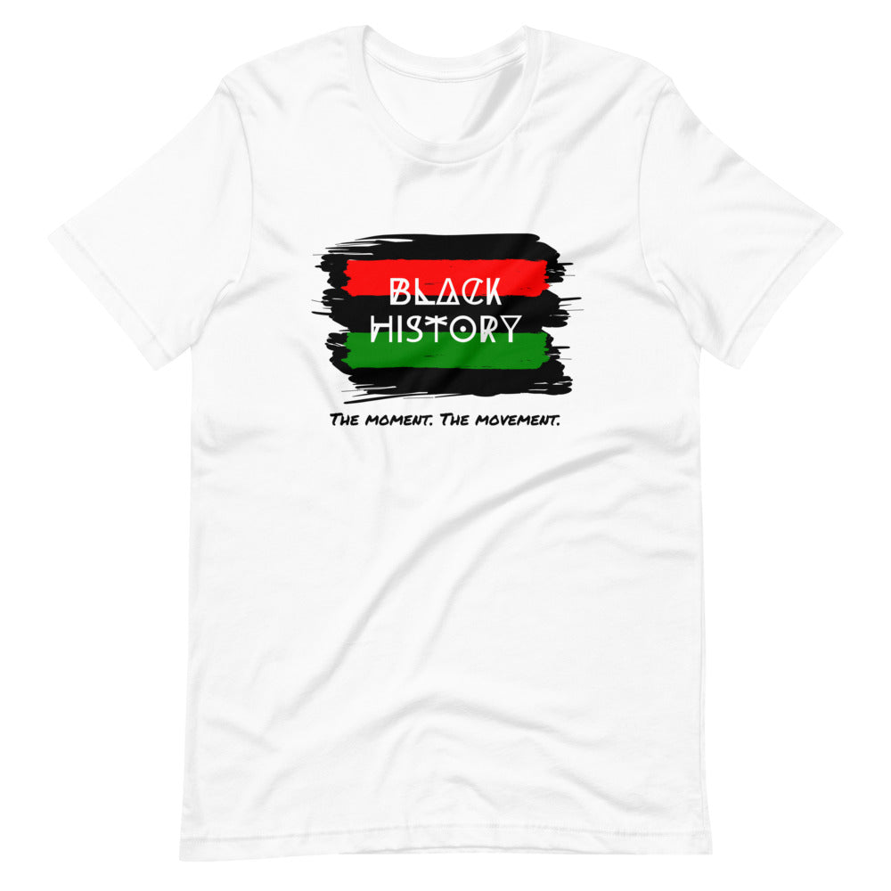 White colored tee, Black History -The Moment The Movement, represents a rich history of a people that have endured, fought and thrived. comfortable and flattering for all genders. 