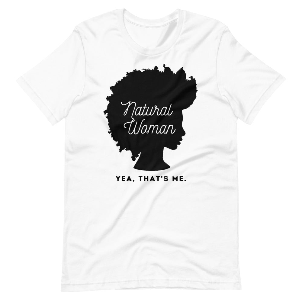 White colored tee, Natural Woman - This t-shirt is about being natural and owning it. It soft and lightweight, with the right amount of stretch. It's comfortable and flattering.