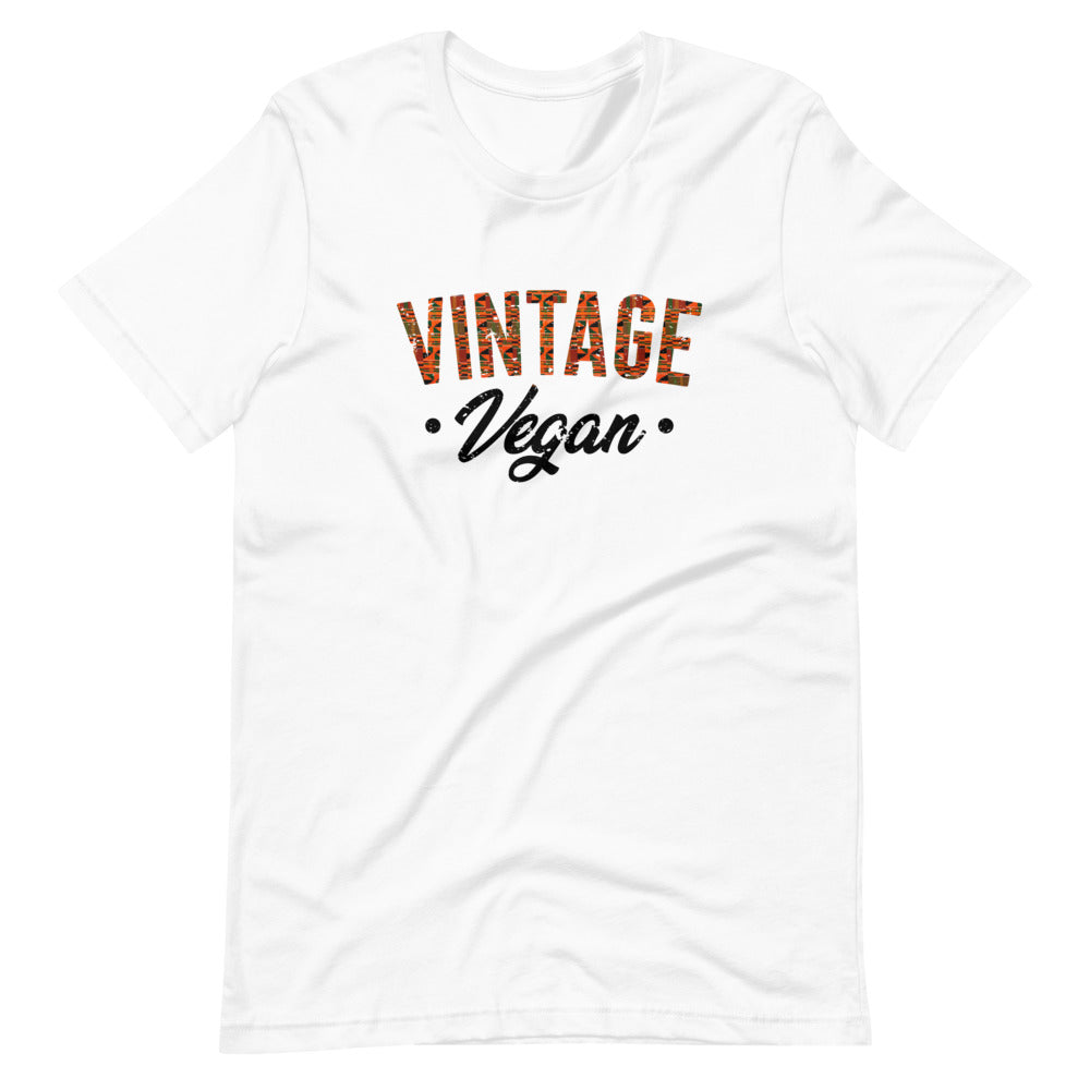 White colored t shirt , this Vintage Vegan t-shirt is all about going old school and eating and living well, this t shirt is soft, lightweight, and good stretch. Comfortable, flattering for all gender.