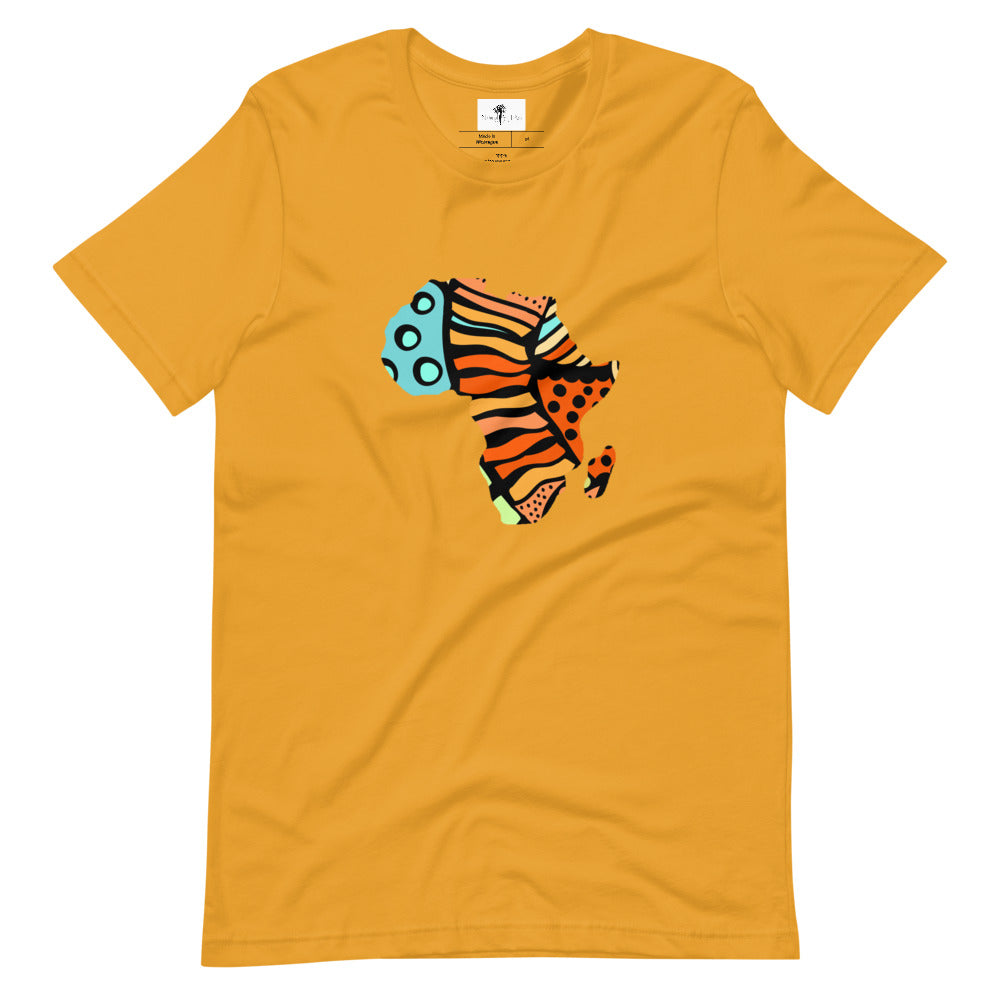 Mustard colored tee, Africa design, soft and lightweight, with a good stretch. comfortable and flattering for both men and women. 100% cotton