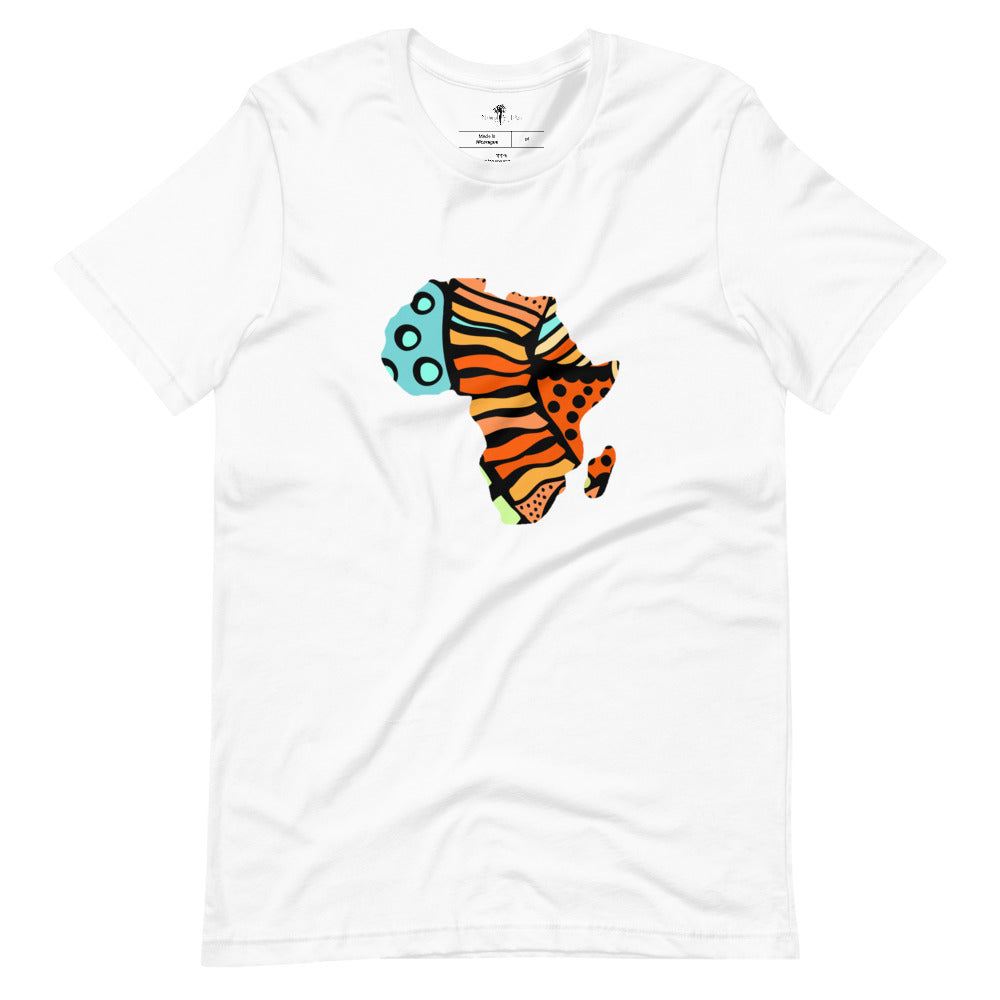 White colored tee, Africa design, soft and lightweight, with a good stretch. comfortable and flattering for both men and women. 100% cotton
