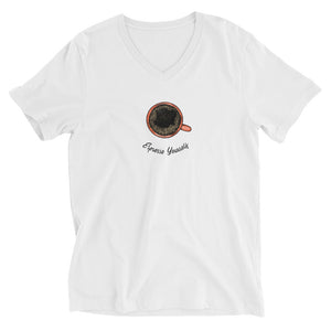 White colored tee, Espresso Yourself in this unisex tee has a classic v-neck cut and fits like a well-loved favorite.